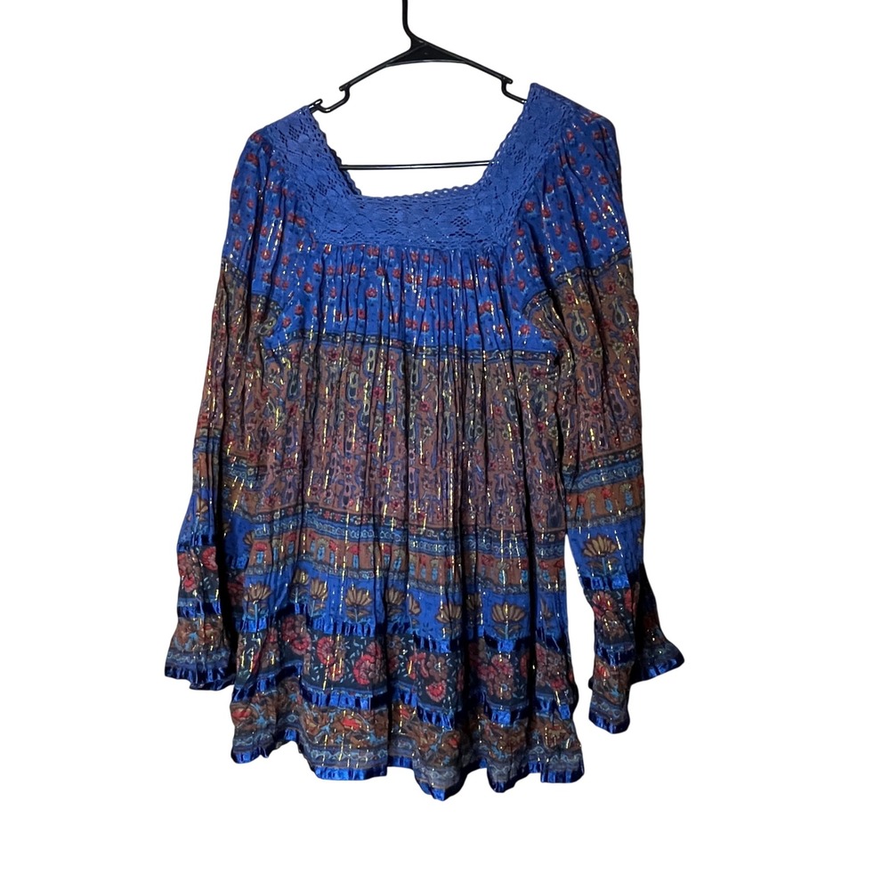 Marisol Blue Floral Metallic Prairie Boho Square Neck Long Sleeve Tunic Top S